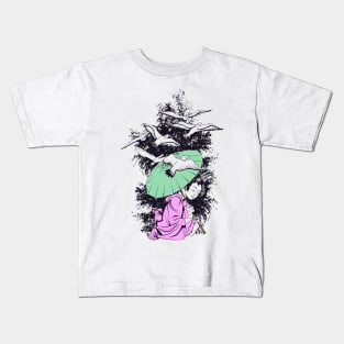 Geisha With Umbrella & Birds Kids T-Shirt